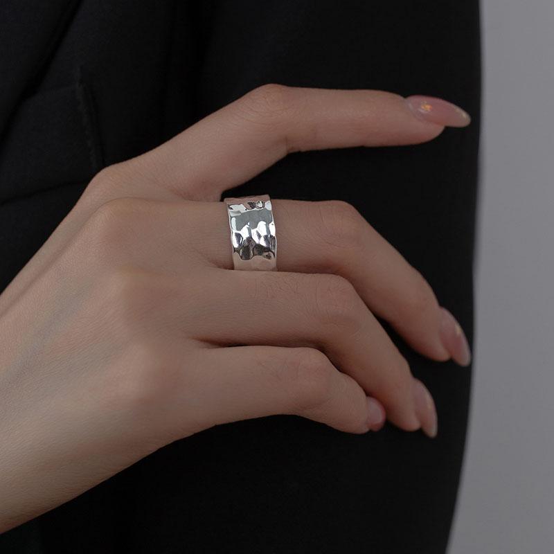Hot Sale 925 Sterling Silver Hammered Surface Wide Open Finger Rings for Women Jewelry