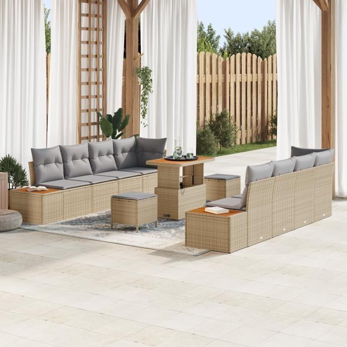 VidaXL Ensemble de sofa de jardin 11 pièces avec coussins en beige poly rotin acacia 3362892
