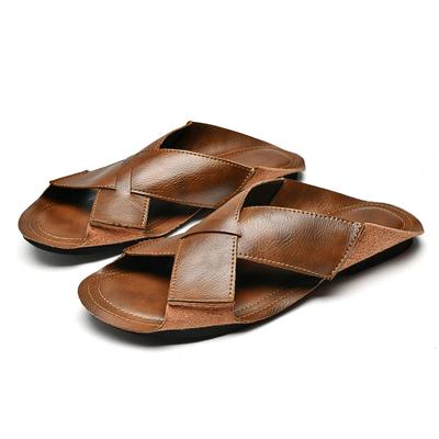 Moda Hombre Medio Arrastre Alta Calidad Hombre Slip on Planas Ligeras Cuero Genuino Zapatillas Simples para Hombre Verano Hotel Playa Zapatos de Verano