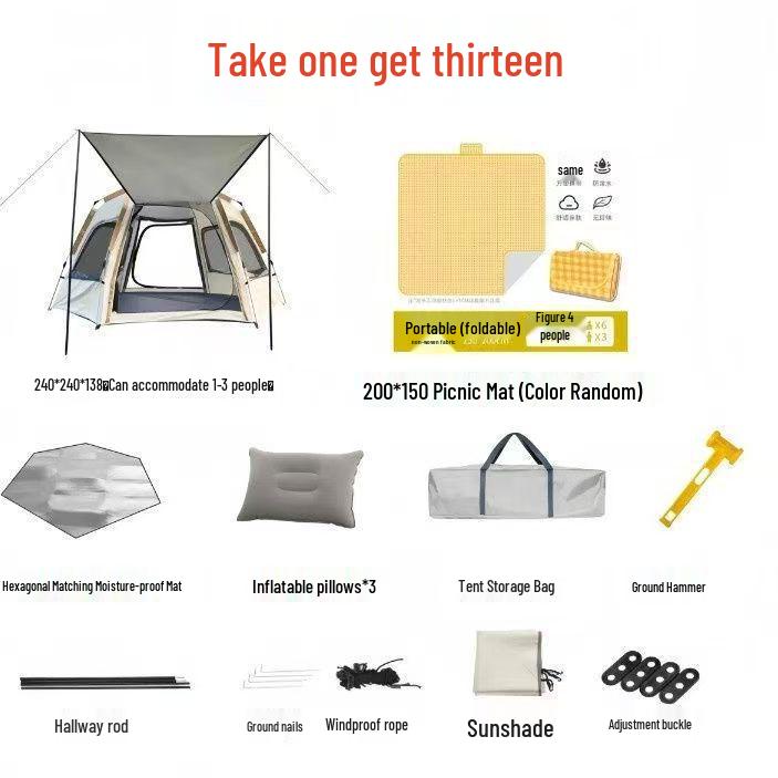 Instant Set-Up Hexagonal Tent: Multi-Person, Mosquito-Proof, Sun-Protected, Folding for Camping & Picnics.