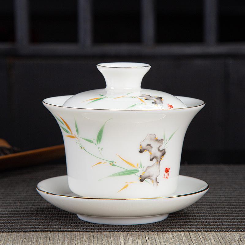 HMLOVE Mutton-fat Jade White Porcelain Sancai Gaiwan Color Enamel Cover Bowl Lid Saucer Handmade Tea Tureen Teaware Sets 160ML