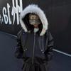 ZYLLO Y2K European American  winter thickened coat leather lining hooded fur collar cotton coat youth trend classic black cool