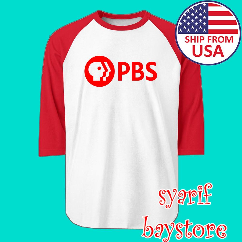 PBS Public Broadcasting Service Men#039;s Raglan White Red Size S to 2XL Unisex T-Shirt L