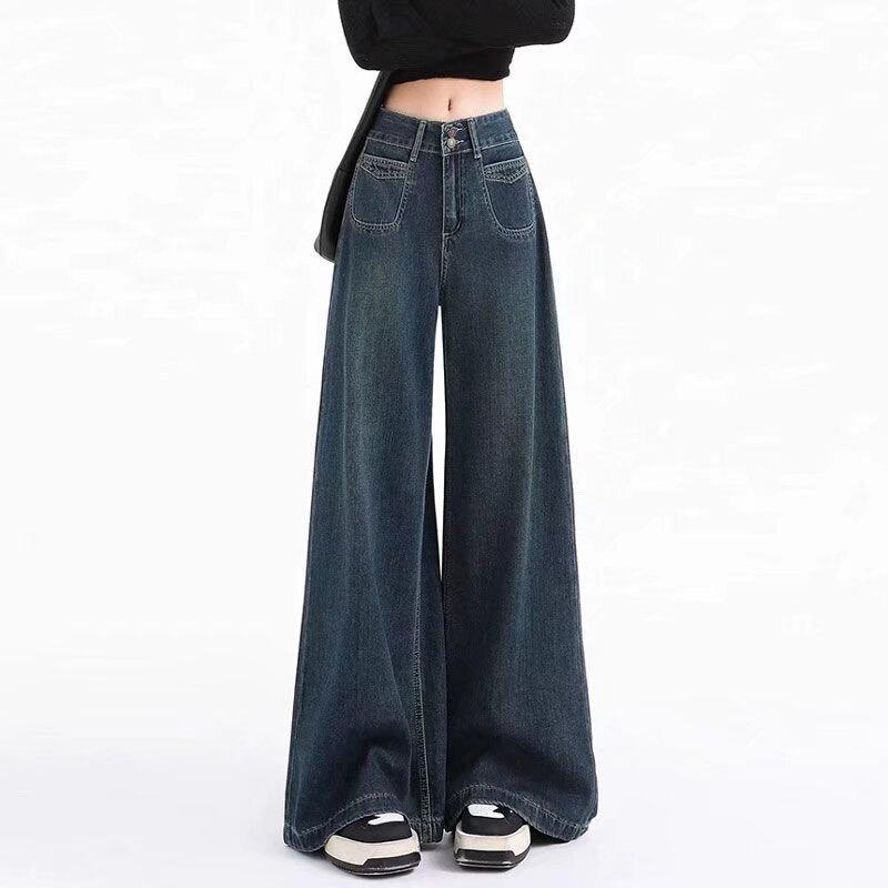 

Women s Plus Size Retro Blue High Waist Wide-Leg Jeans - Slimming Loose Fit, Floor-Length. XL: Height 155-165cm (60.5kg-65.5kg)