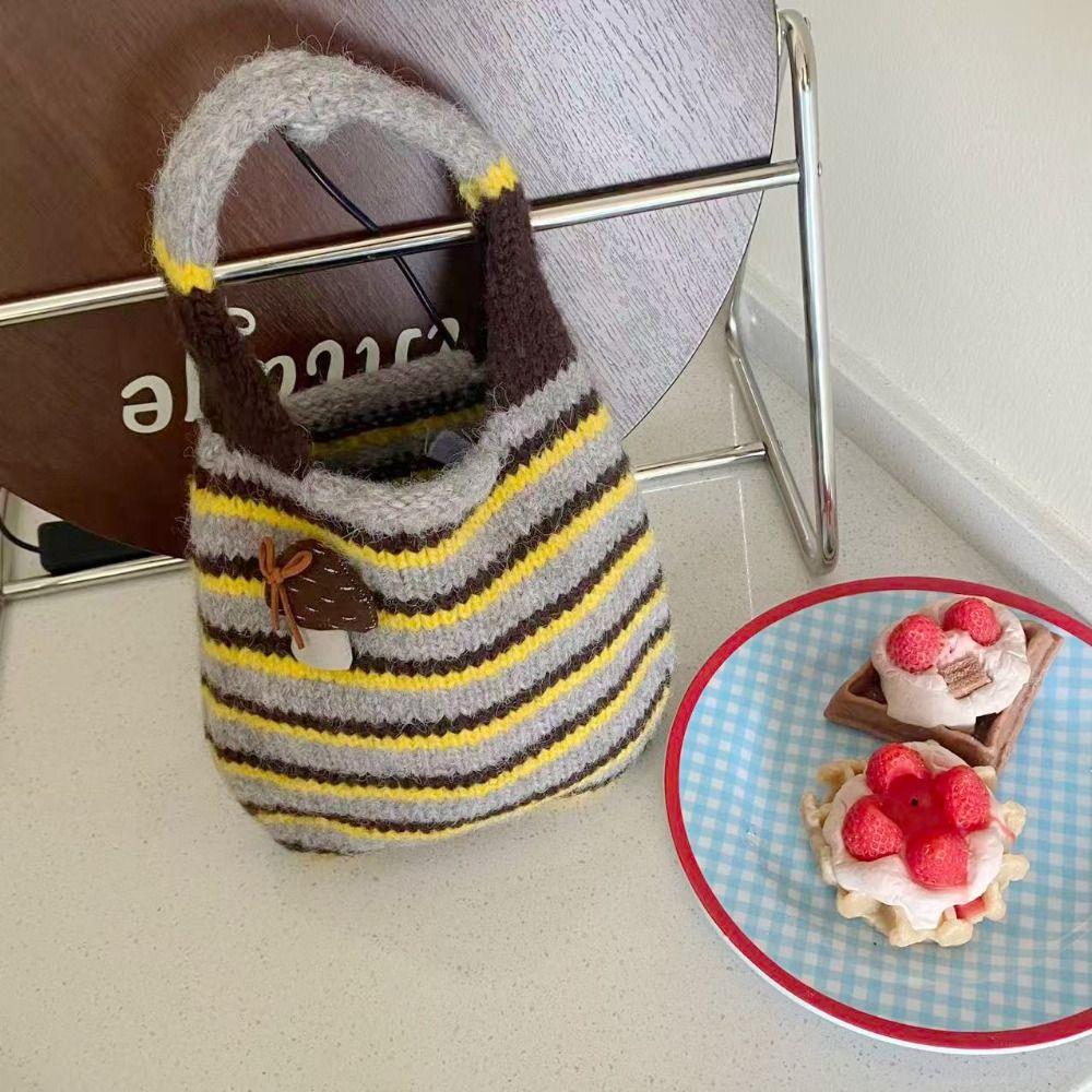 Color-Block Knitted Wrist Bag Japanese Style Wool Bucket Bag Little Mushroom Handbag  Shopping Bag