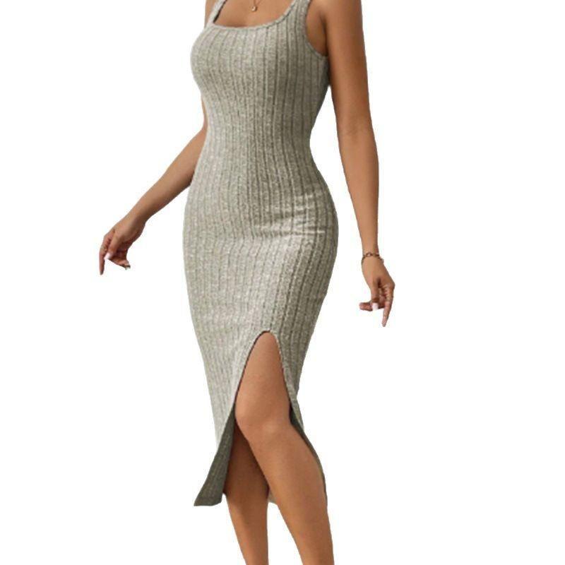 Sexy Sheath Waist Hugging Mid-Length Dress Western Style Spring Sleeve Vest Long Dress