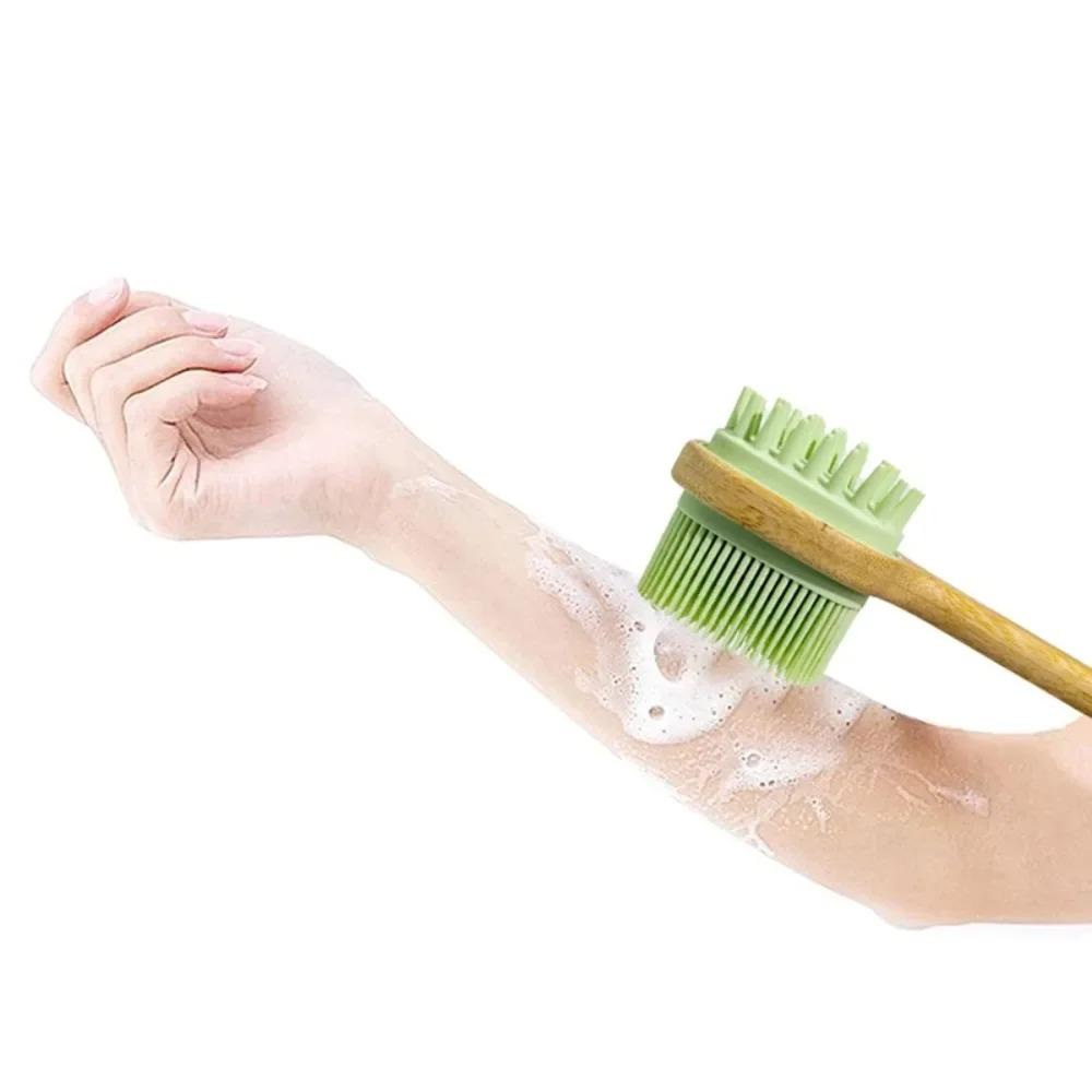 Silicone Brush Long Head Back Scrubber Shower Brush With Long Wooden Handle Dry Skin Exfoliating Body Massage Cleaning Tool