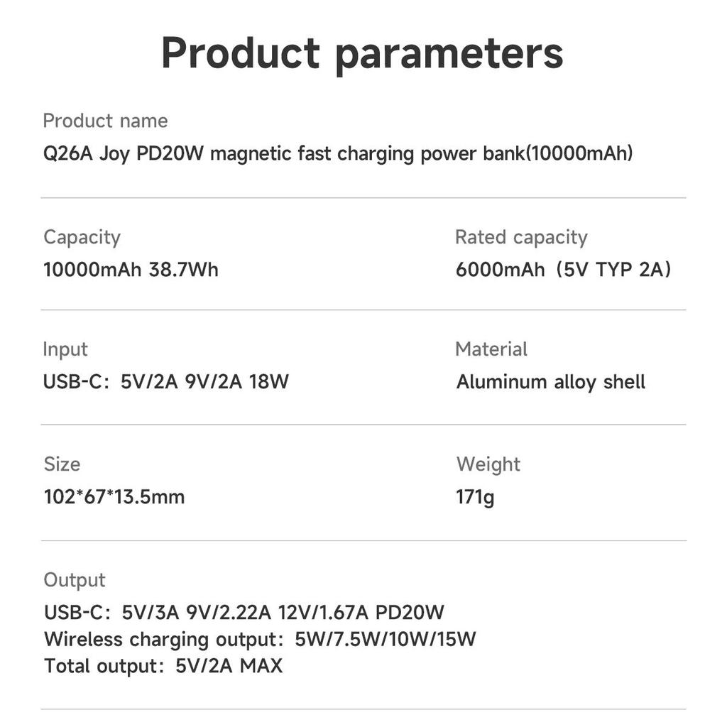 Hoco Q26A 10000mAh 15W Magnetic Wireless Power Bank with PD20W output Fast Charging, Compatible with MagSafe