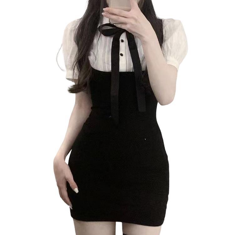 Girls' new black and white contrasting color dress women's summer sweet bubble sleeve bow fake two-piece button skirt