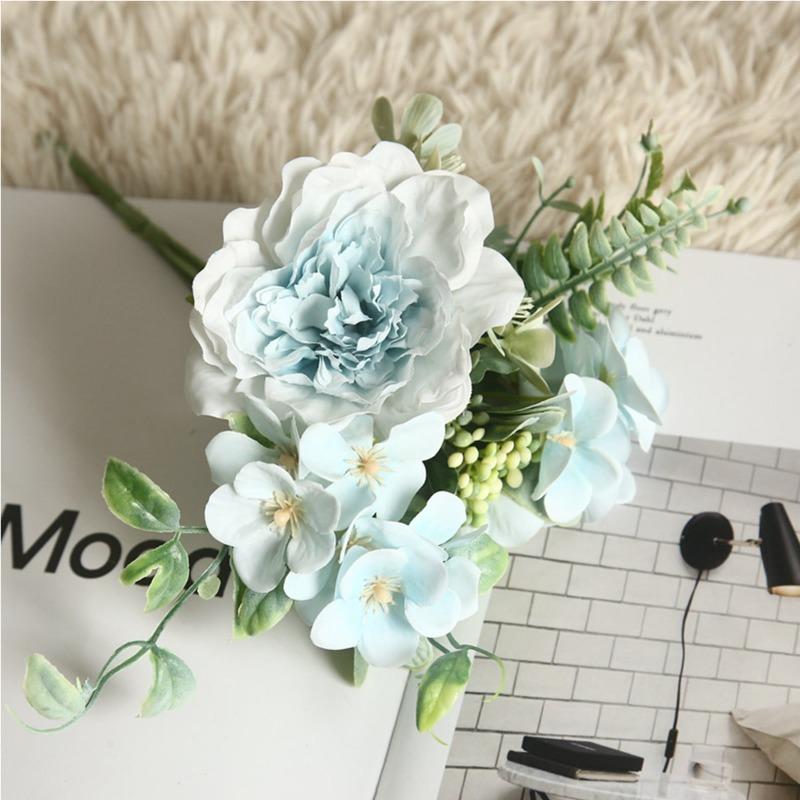 

2 букета из искусственных цветов, шелковая камелия, пион, мини-свадебный букет, украшение для дома и вечеринки синий