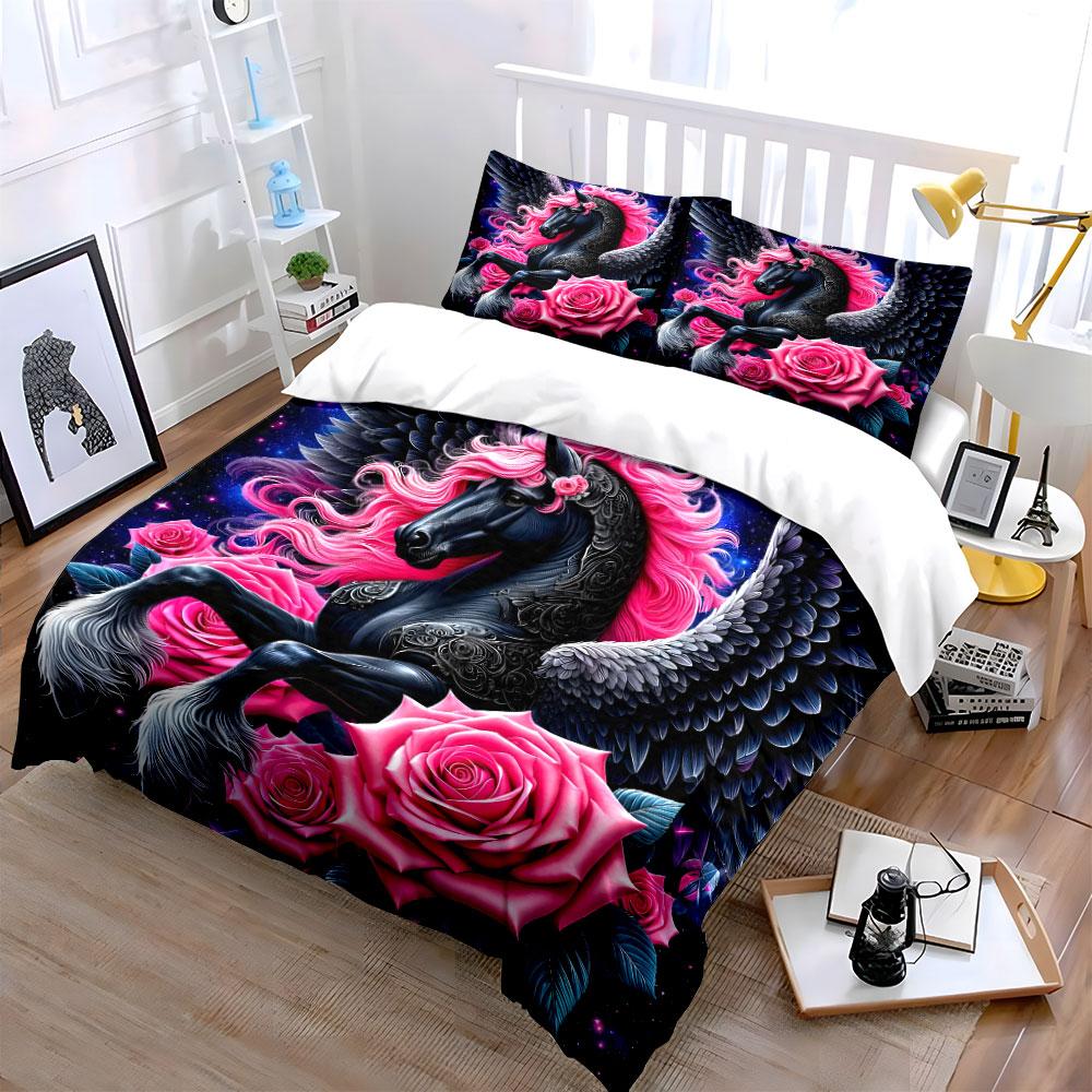 "Pink Mane Pegasus with Roses" Bedding Duvet Cover Set  (1*Duvet Cover 2*Pillowcases, without duvet insert)