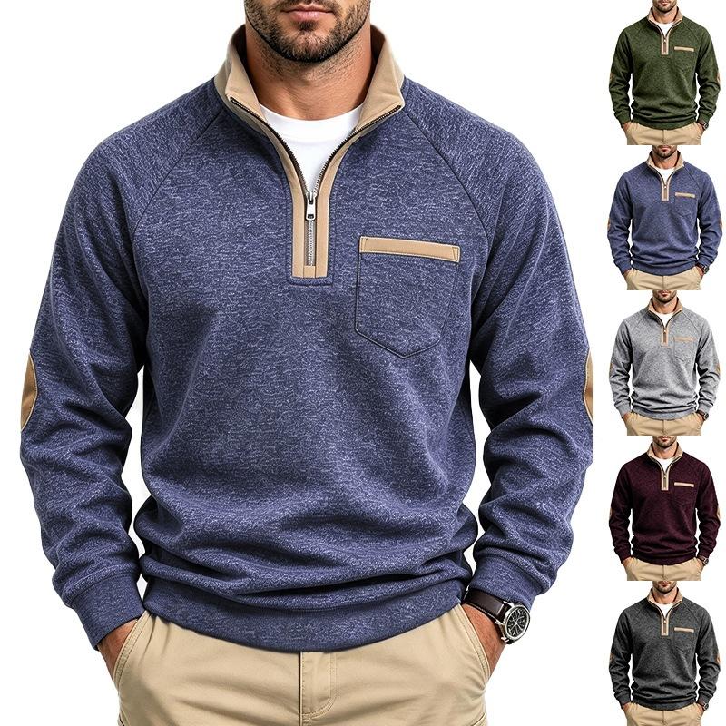 Men S Casual Loose Fleece Stand Collar Color Block Long Sleeve Sweatshirt