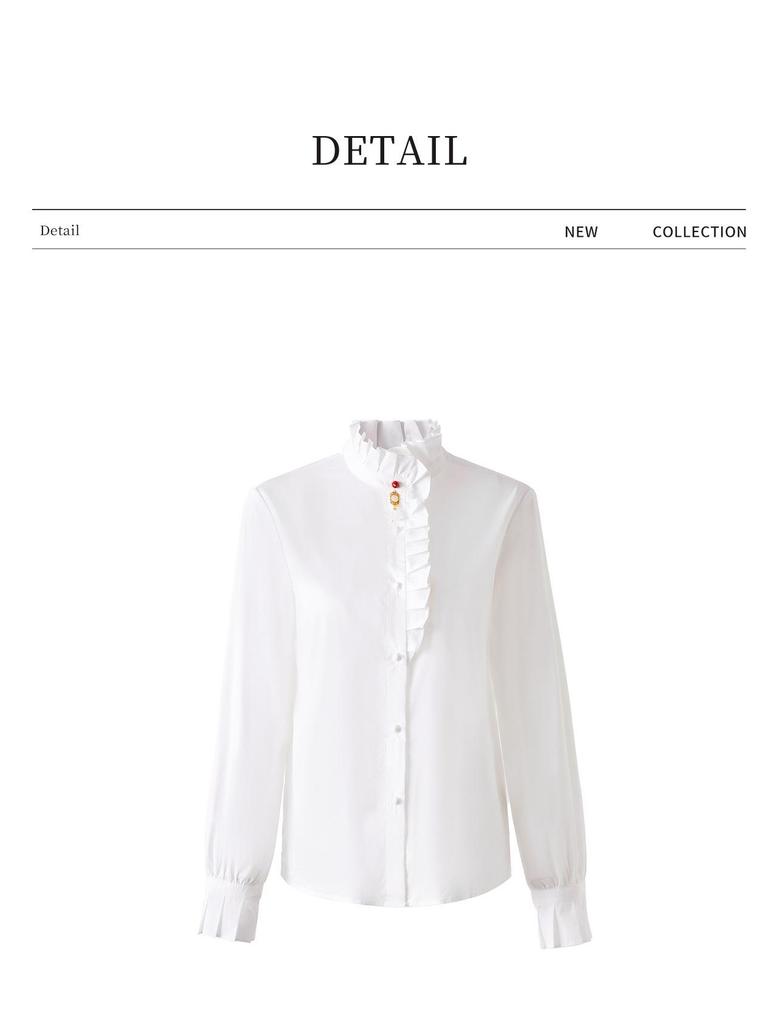 Damen Hemd aus reiner Baumwolle mit französischem Rüschenbesatz - Frühlings-Oberteil mit Micro-Flare Langarm