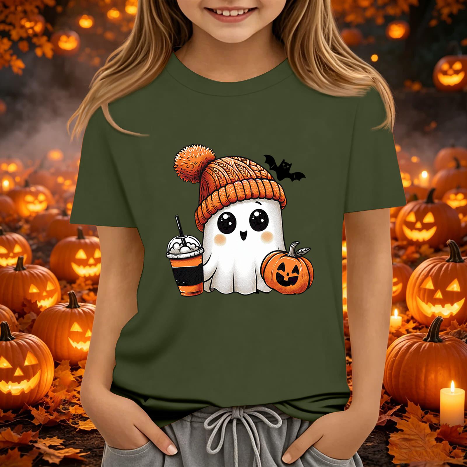 Kids Halloween Printed Short Sleeve T-Shirt Neck Relaxed Fit Casual Top for Boys and Girls 100
