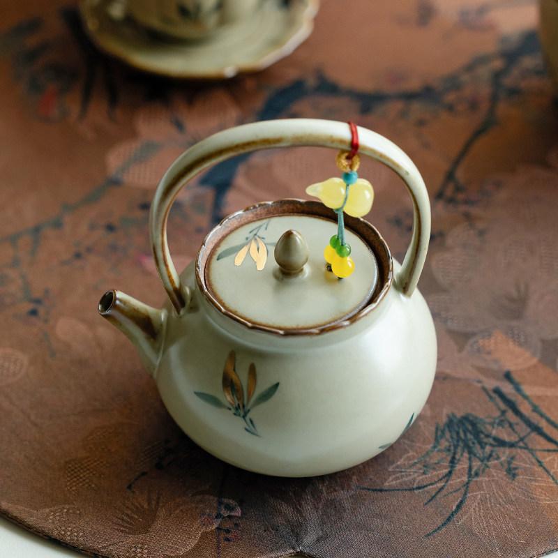 Antique Gold-painted Ceramic Beam Pot Hand-painted Butterfly Orchid Teapot Small Capacity Tea Making Household Ceramic Tea Set