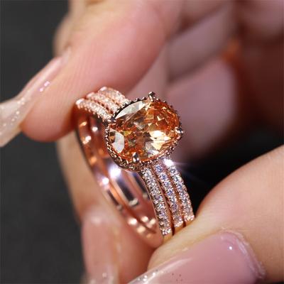 2Pcs/Set Rose Golden Color Oval Cut Champagne Stone Wedding Ring Set Valentine's Day Jewelry Gifts