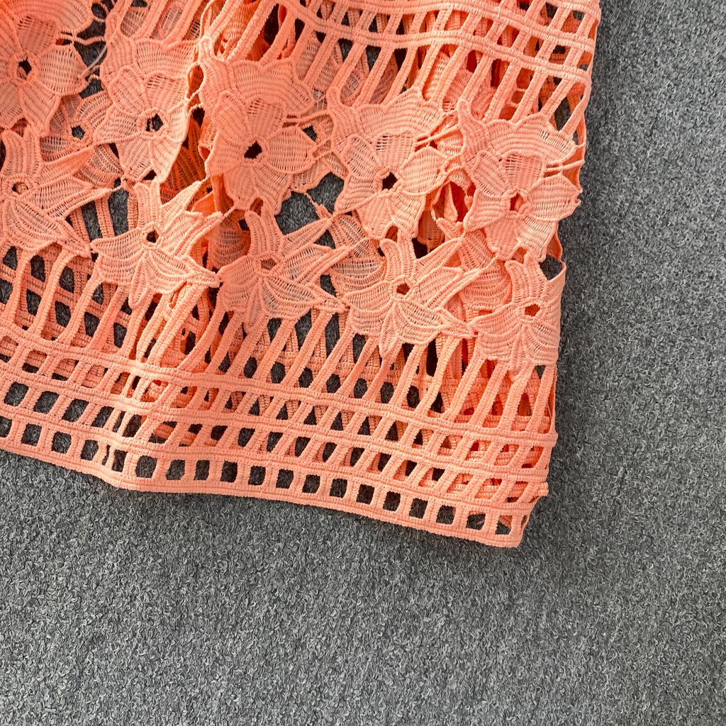 Summer Hollow Out Beaded Loose Chiffon Beach Dress Shirt Women's Puff Sleeve Lace Up Belt Holiday Party Long Robes Maxi Dress