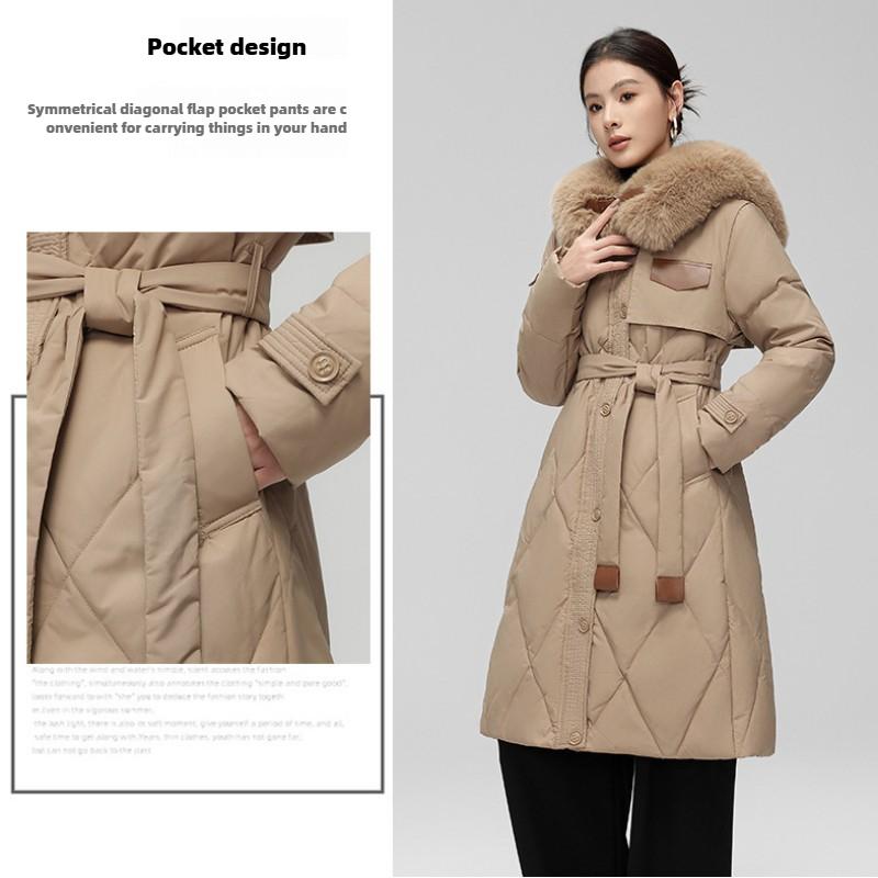 Winter Down Jacket for Women Long Style Large Fur Collar Slim Waist White Duck Down Jacket