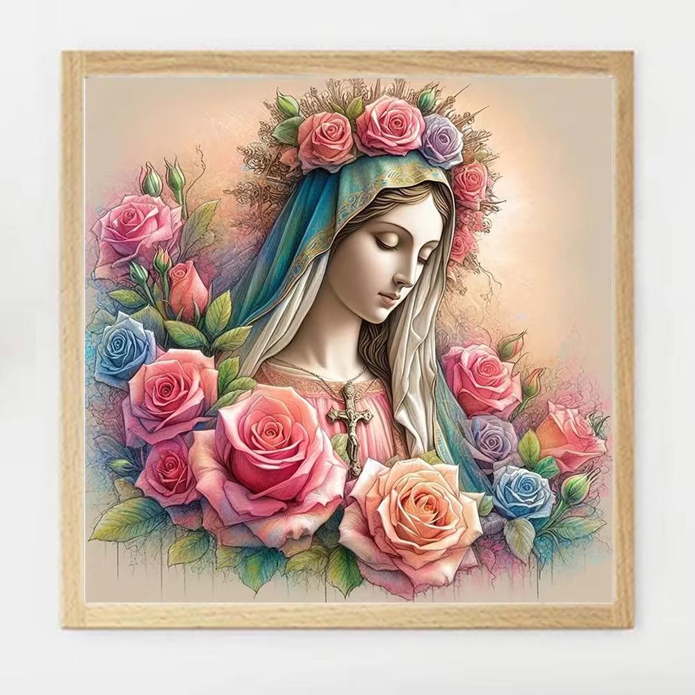 Malowanie diamentowe Nowość Jezus Maryja Pełne okrągłe wiertło Dżety Obraz Haft Portret Kwiat róży Dekoracja ścienna