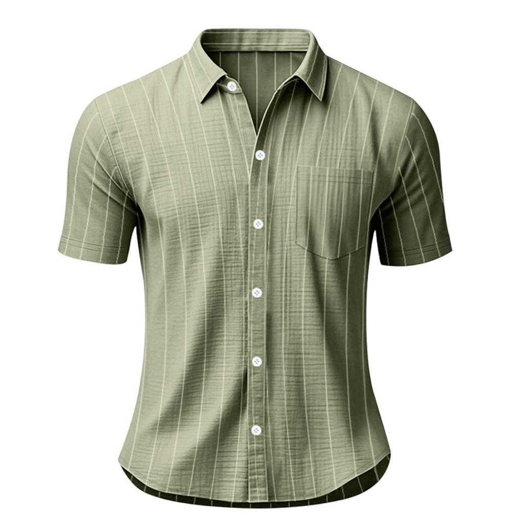 Men's Linen Button Down Shirt Vertical Stripe Pattern Short Sleeve Casual Loose Fit Breathable Summer Shirt with Turn Down Collar
