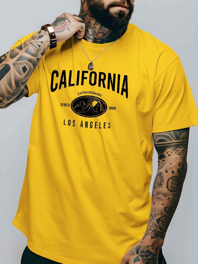 Vintage City Unisexs Crew Neck Cotton T Shirt California Los Angeles Mountain Retro Print Short Sleeve Casual Street Fashion Top