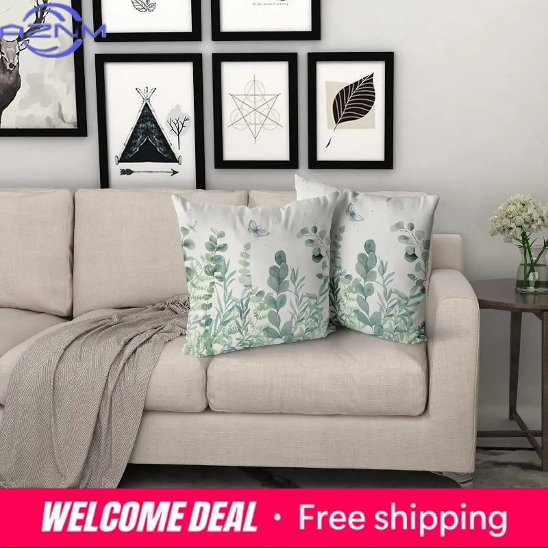 Eucalyptus Leaves Cushion Covers 18X18 Inch Set Of 2 Sage Green Leaf Butterfly Pillow Cases Spring Summer Floral Pillow Covers