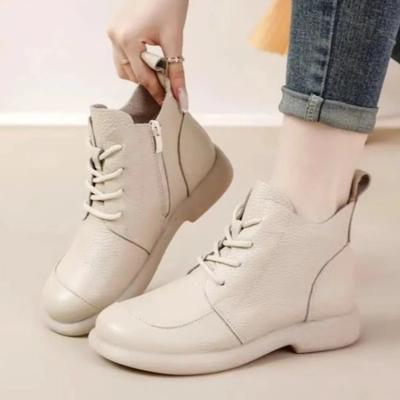 Buty dla Kobiet Wyprzedaż Botki Damskie z Bocznym Zamkiem Wiosna Jesień Okrągły Nosek Jednolite Krótkie Cholewki Niskie Obcasy Sznurowane Nagie Botki