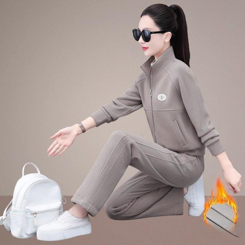 Thick Velvet Casual Sportswear Suit for Women Autumn and Winter Small Cardigan Sweatshirt Sweatpants Two-piece Set