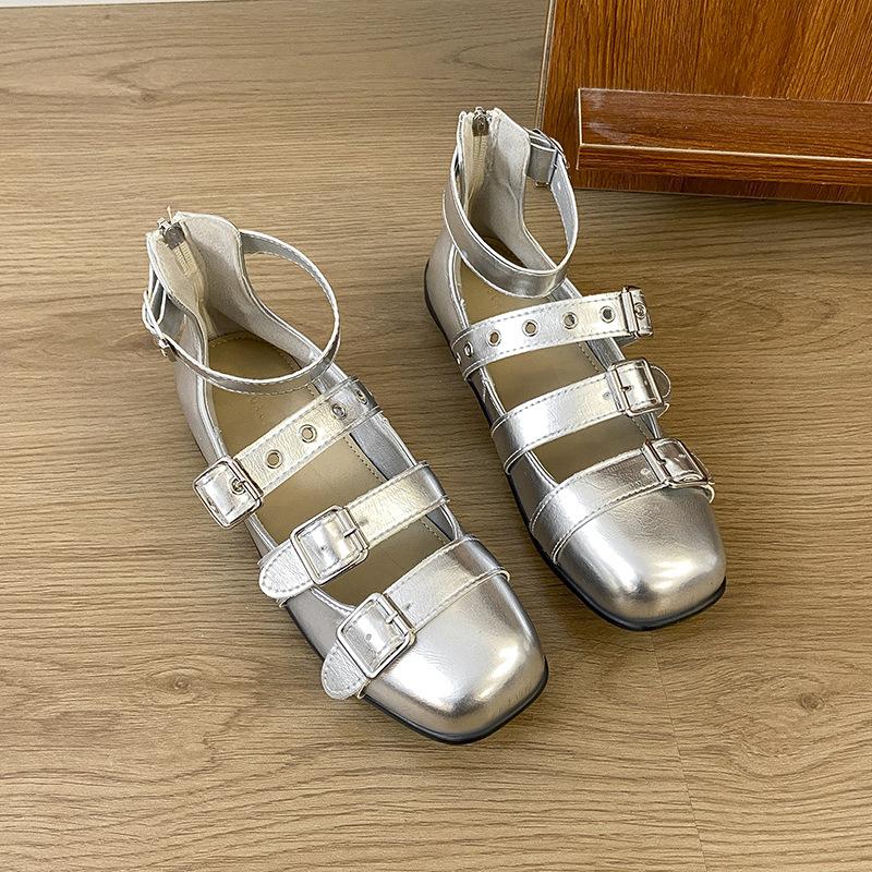2025 summer flat shoes sports soft-soled ballet shoes retro belt buckle square head shallow mouth fashion low-heeled single shoes