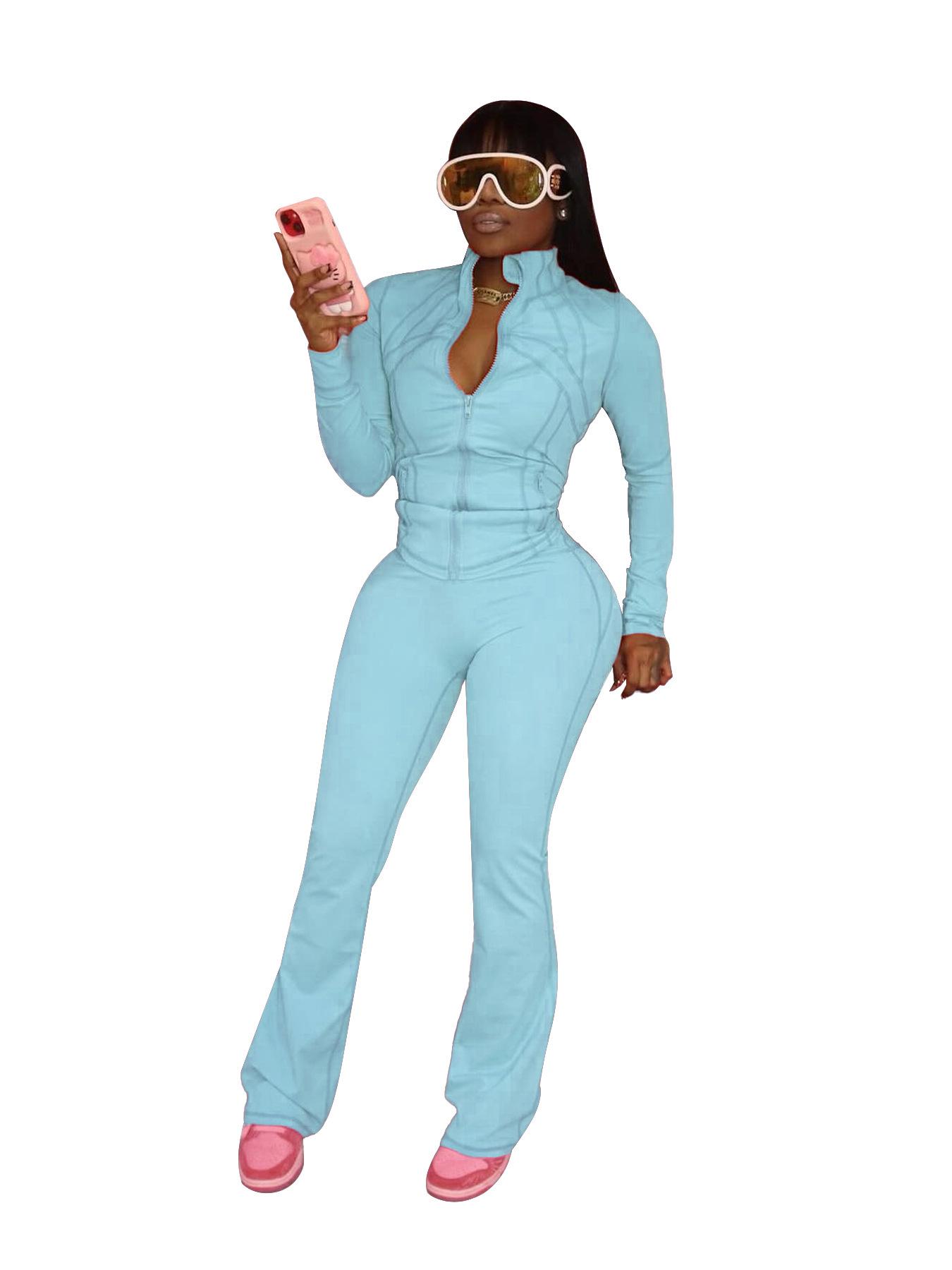 

Женский сексуальный облегающий спортивный повседневный комплект из двух частей в европейском и американском стиле с длинным рукавом и расклешенными брюками S светло-синий