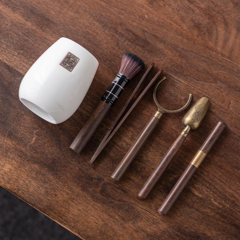Suet Jade Porcelain Black Sandalwood Six Gentlemen Set Tea Accessories Tea Needle Tea Spoon Tea Clip Tea Pen Tea Needle Set of High-end Tools