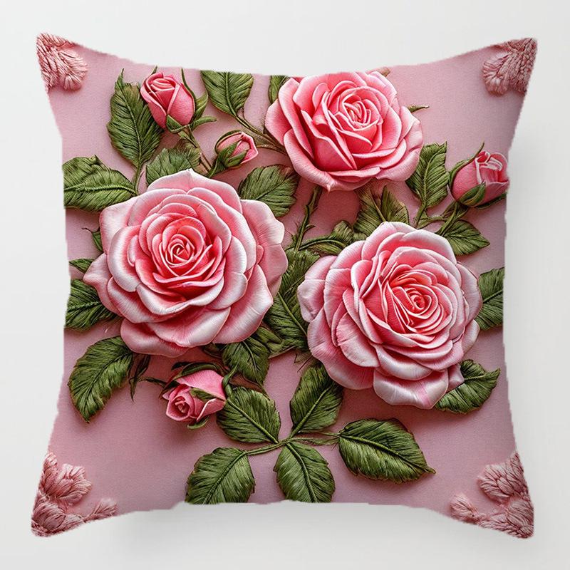 3D Floral Embroidery Throw Pillow Cover - Sofa Cushion, Digital Print Pillowcase