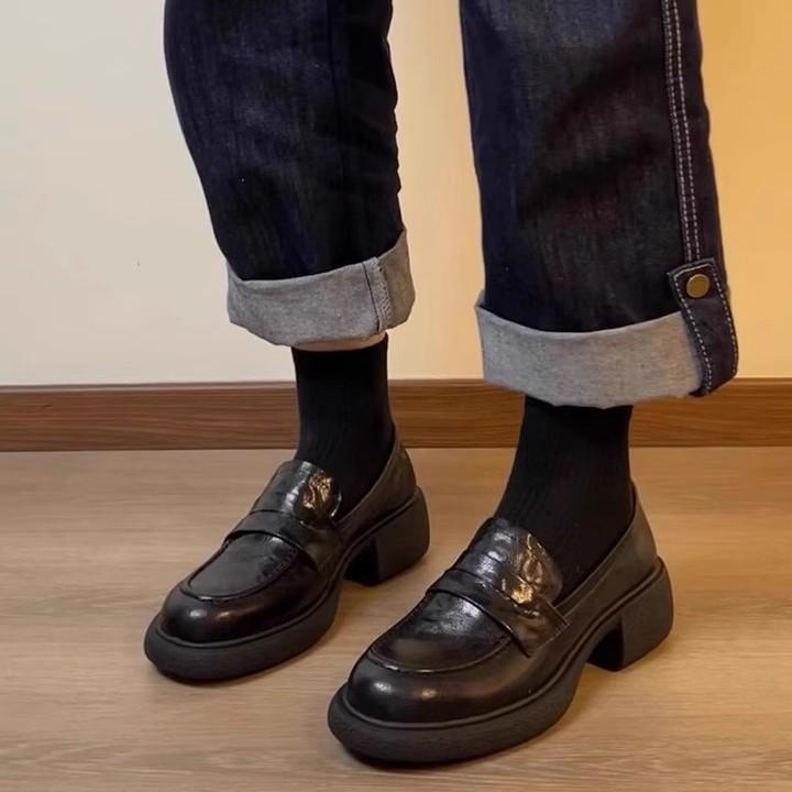 Sheepskin version~ British style platform loafers women's one-pedal lazy shoes versatile single shoes college style jk uniform shoes