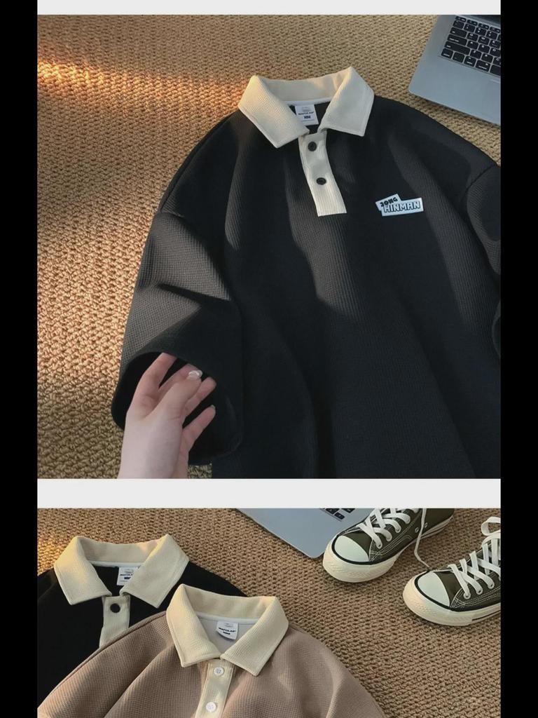 Herr Sommar Retro Våffelmönstrad Pikétröja - Kortärmad Lös Krage