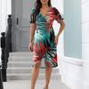 Beach Dresses For Women Spring Summer Elegant Wrap V Neck Floral Boho Dress Flowy Ruched Hawaiian Maxi Dress