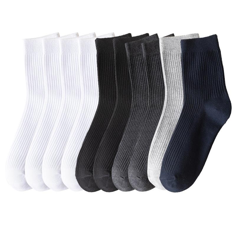 10 Pairs Men's Cotton Striped Socks Breathable All Season Solid Color Business Warm Knit Middle Tube High Quality Socks