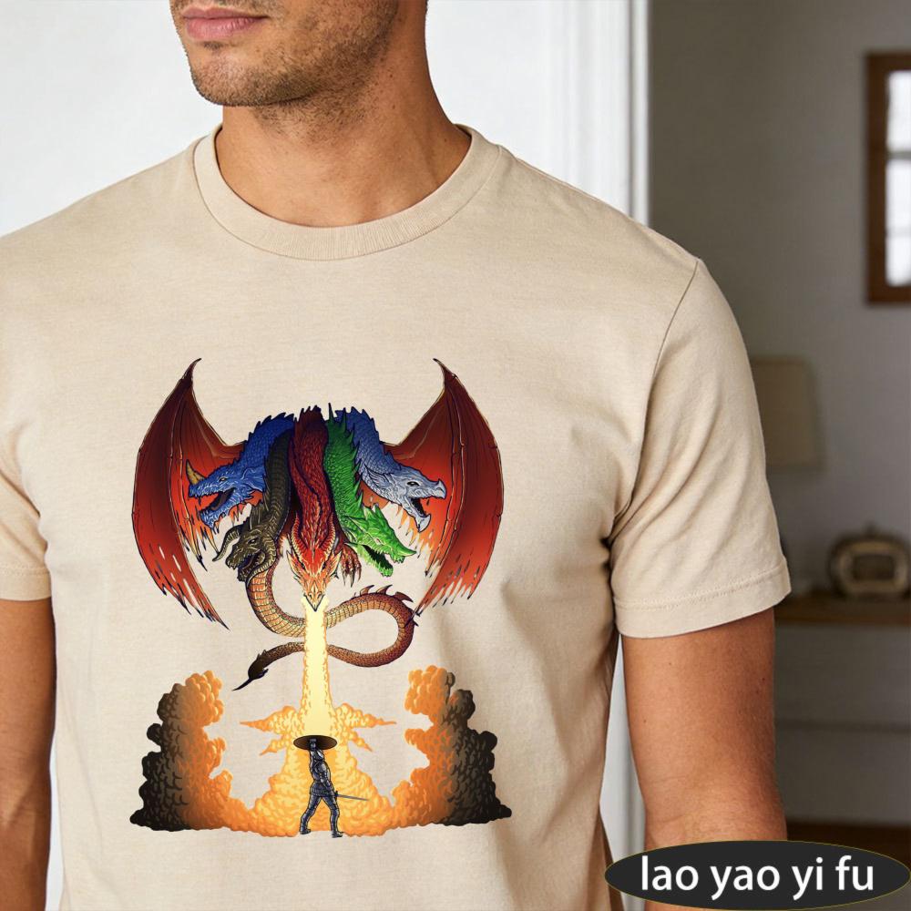 DD Tiamat Fire Breath Battle Scene Art Print TShirt Unisexs Epic Fantasy Gaming Short Sleeve DUNGEONS DRAGONS Series tee Tops