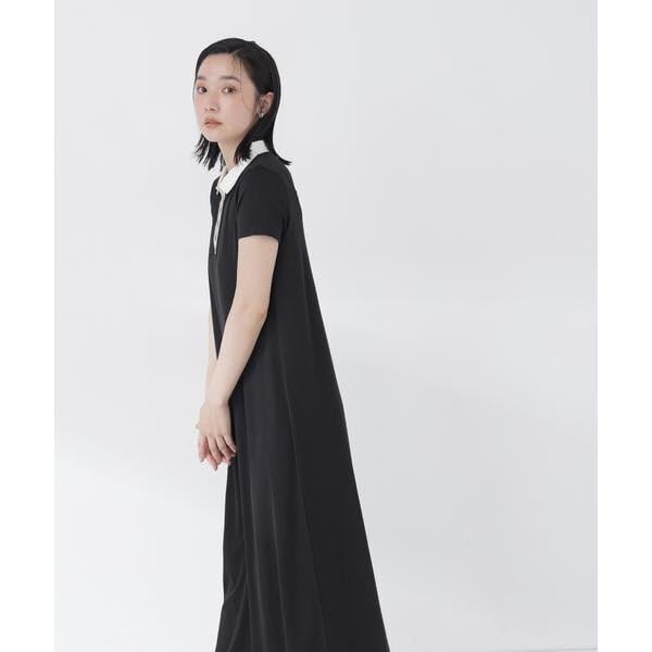 BEAUTY Striped Polo Cut Dress [NATURAL BASIC] [Solid Black/PS]