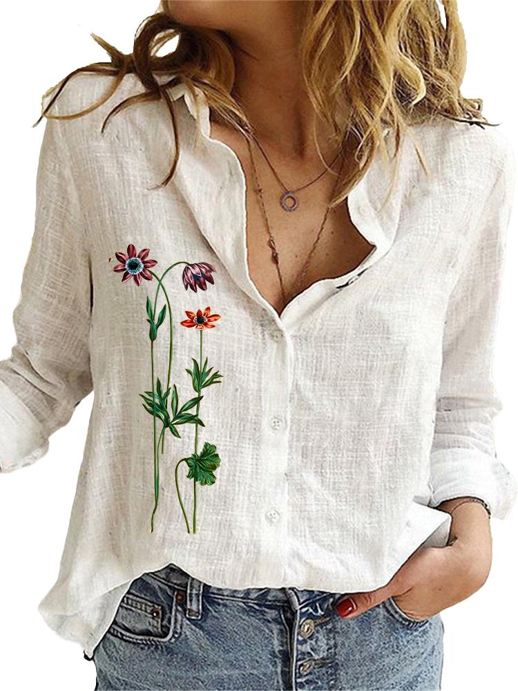 Camisa de Manga Larga de Moda para Mujer Top Holgado de Algodón Lino Blusas Casuales con Estampado para Señoras