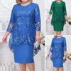 1 Set Elegent Beauty Damenkleid Plus Size Midi-Abdeckungskleid Stickerei Spitze Blume O-Ausschnitt Hohe Taille 44624 Ärmeldame