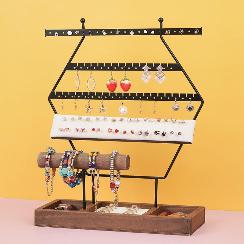 

Ретро железная шестиугольная рамка для ювелирных изделий, многофункциональная мешковина для хранения сережек, деревянная основа, коробка для хранения колец 30.5x12x39cm чёрный