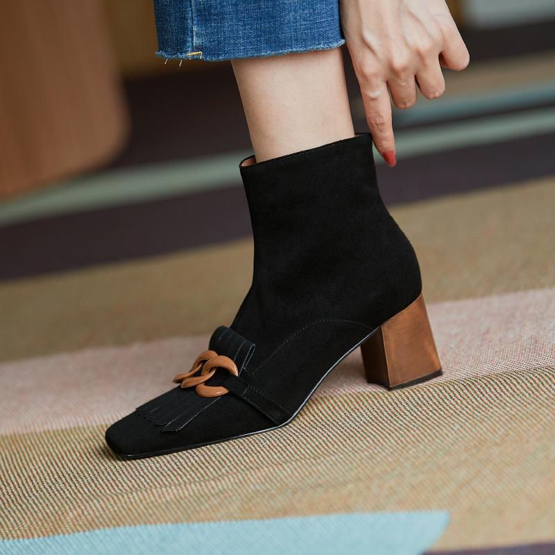 Fashion 2025 Spring Autumn New Women Ankle Boots Kid Suede Shoes Woman Square Toe Chain Side Zipper New Female Office Thick Heels Boots