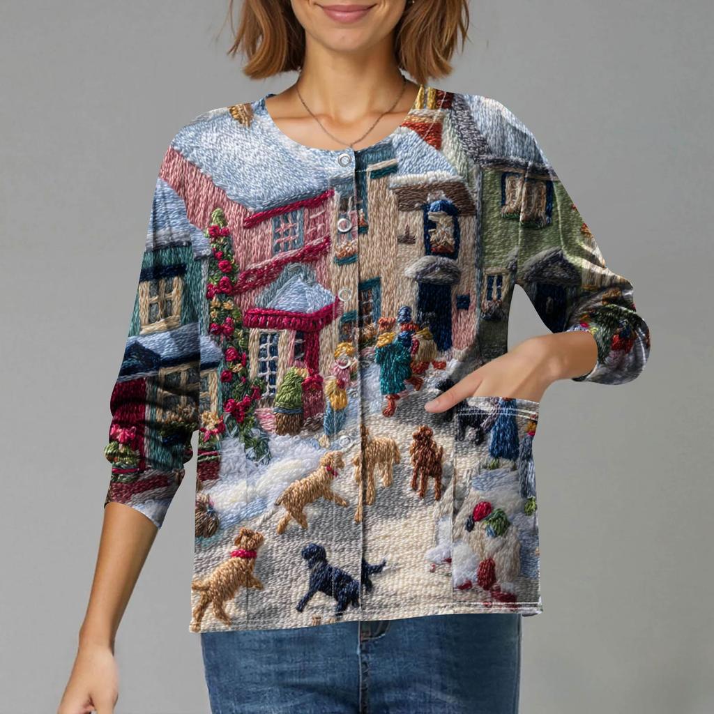 Women's Casual Long-Sleeved Single-Breasted Christmas-Themed Print  Cardigan