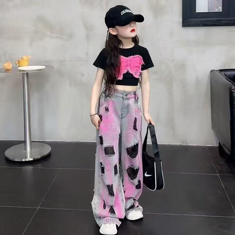 

Летний комплект для девочек, милый и прохладный, с коротким рукавом и джинсами, детский летний комплект-двойка для девочек 140