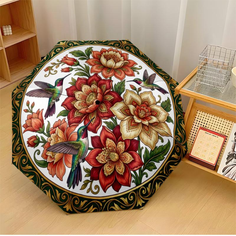 

Ornate Circular Art with Birds Printed umbrella windproof folding umbrella portable sun and rain umbrella suitable for gifting