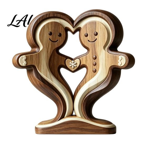 Gingerbread Man Wooden Animal Penguin Statues Owl Fox Ornament with Stable Base, Double Layer