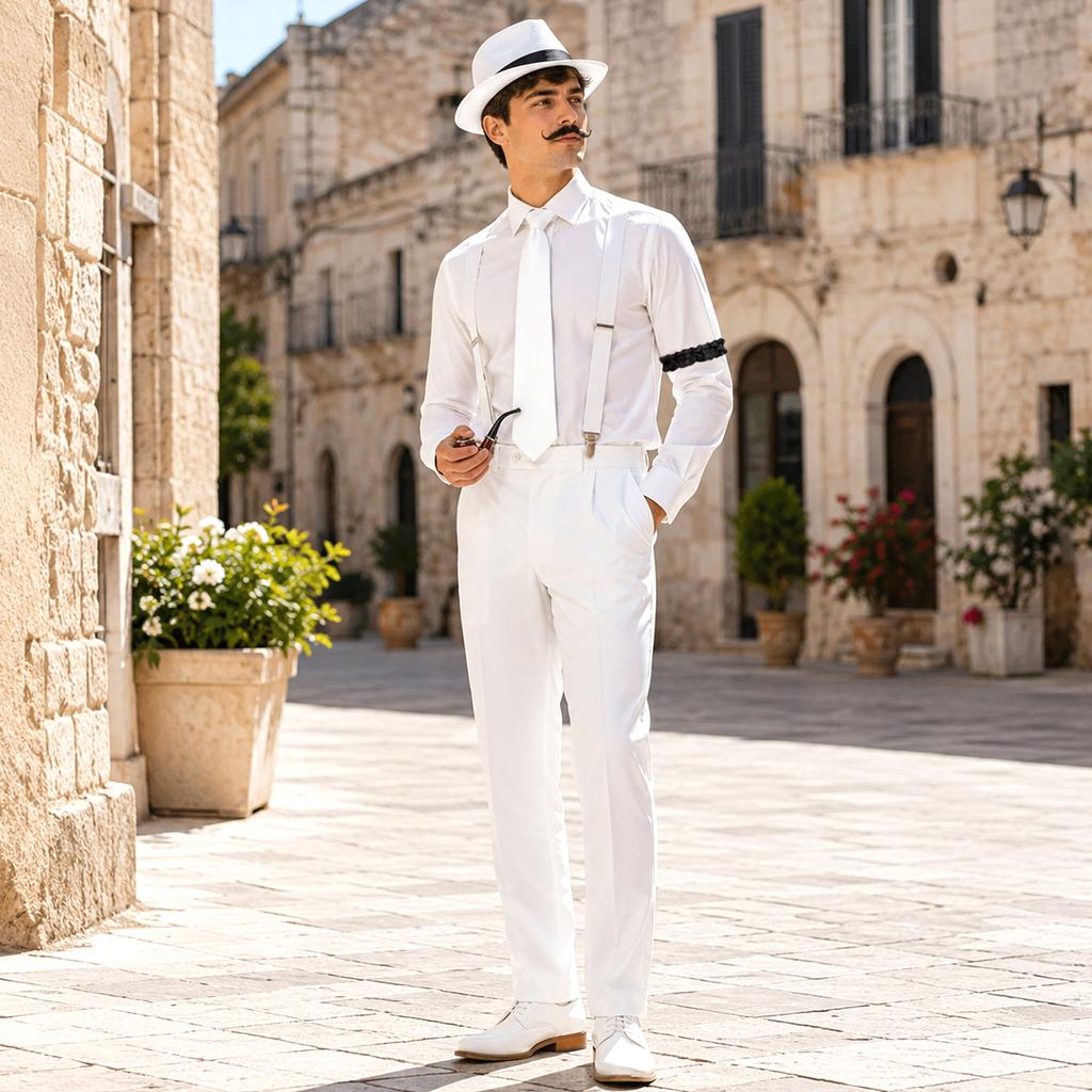1920s Vintage Men Accessories Set Fedora Hat Suspenders Bow Tie Pocket Watch Smoking Pipe Mustache Stickers for Party Costume