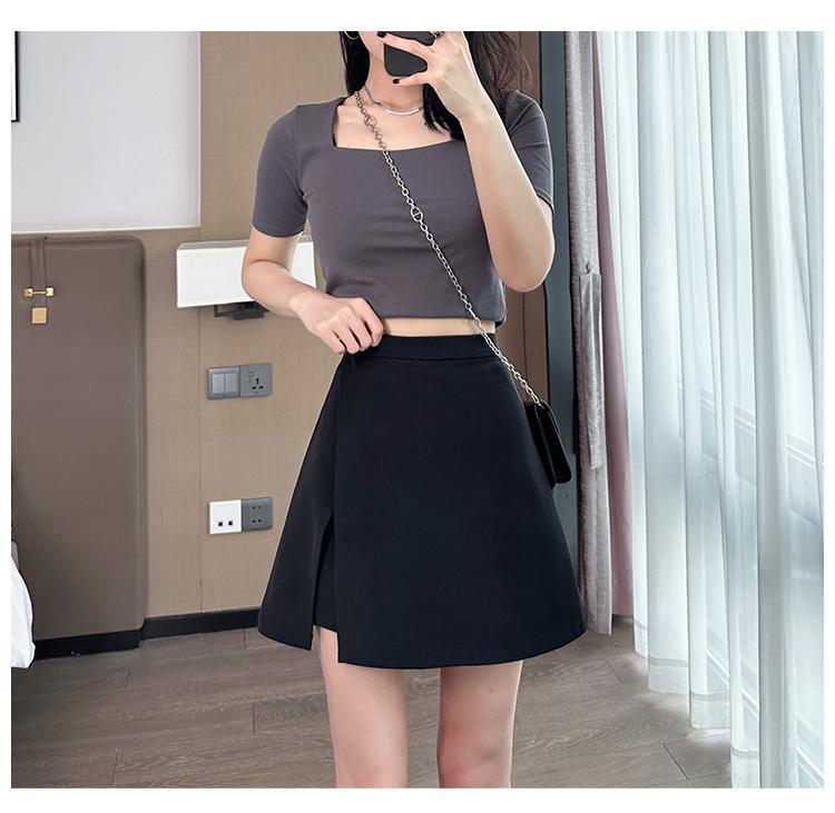 Kadınlar İçin 2024 Siyah Yüksek Bel A Kesim Etek Açık Bacak Yırtmaçlı