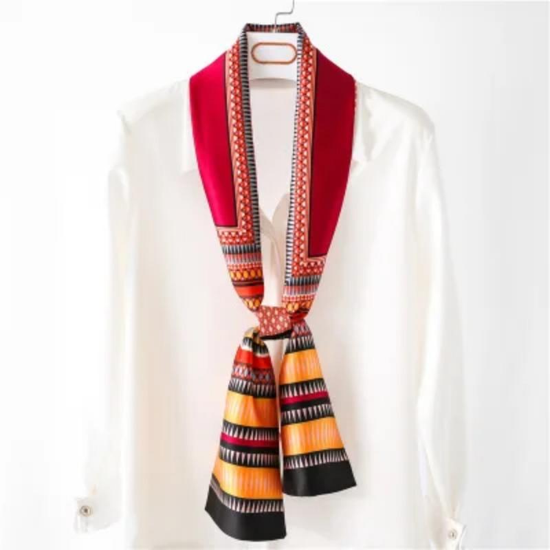 Hijab Real Long Silk Women Print Elegant Neck Scarves Hair Head Ribbon Tie Bag Handle Decoration Foulard Collar Kerchief