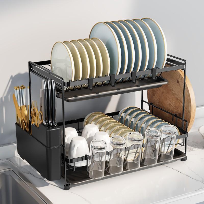 Stainless Steel Kitchen Counter Rack With Drainage Tray Multi-Tier Dish Organizer Bowls Plates Cutlery Cups